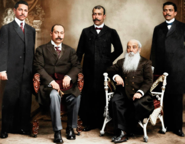 Miembros de la Corte de Justicia Centroamericana con Sede en Cartago, Costa Rica, diciembre 17 de 1908. De izquierda a derecha: Dr. Benjamín Zeledón, Delegado por Nicaragua; Ing. Ricardo J. Echeverría, Delegado por Costa Rica; Dr. Carlos Guillén, Delegado por El Salvador; Lic. José Pinto, Delegado por Guatemala; Dr. Manuel Barahona, Delegado por Honduras.