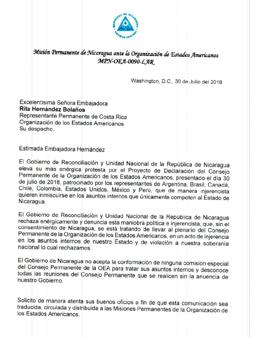 Gobierno de Nicaragua entrega Nota de Protesta a los Estados Miembros de la OEA