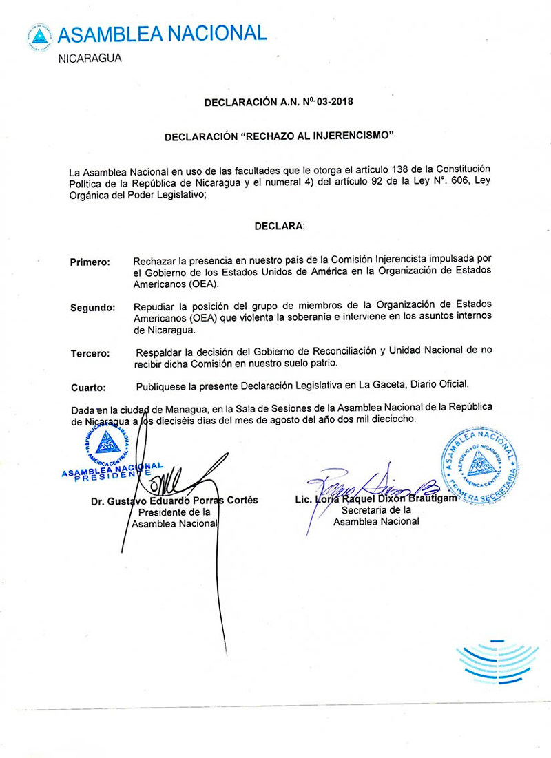 La vicepresidenta de Nicaragua Rosario Murillo reiteró que Nicaragua no recibirá a la comisión injerencista integrada por Estados Unidos en la OEA por considerar que vulnera la soberanía e independencia de Nicaragua.